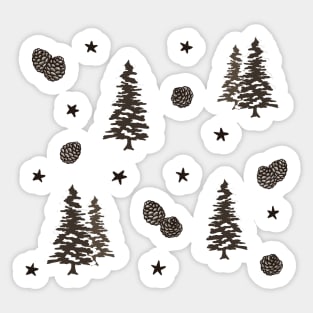 Wintery Pinecone, Snowy Tree and Stars Pattern Digital Illustration Sticker